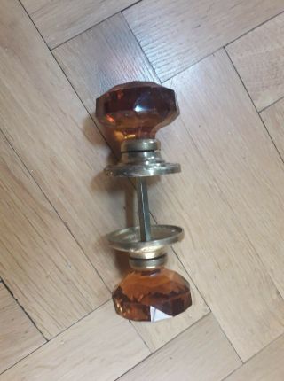 Antique Very Pretty Amber Faceted Glass Door Drawer Cupboard Knob Pair
