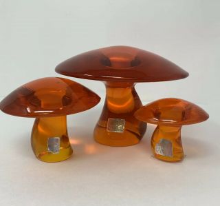 3 Vintage Viking Glass Mushroom Paperweights With Labels In