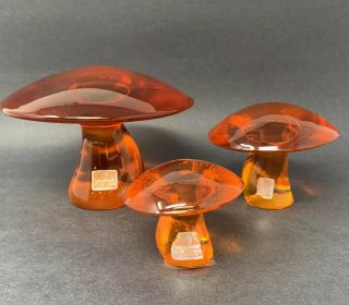 3 Vintage Viking Glass Mushroom Paperweights with Labels in 3