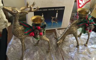 Vintag Pair Collectible Brass Deer Taper Candle Holder Christmas Set Buck & Doe
