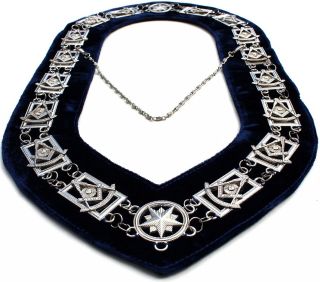 Masonic Collar Past Master Silver Metal Chain Dark Blue Velvet