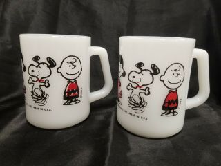 Vtg 1965 Snoopy & Peanuts Gang Cups By Fire King Federal / Milk Glass - Pair