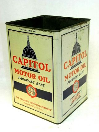 10 " Vintage 2 Gallon Atlantic Capitol Motor Oil Can Paraffine Base No Lid