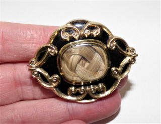 Antique Victorian Mourning Hair Brooch Pin Black Enamel Ornate Scrolled Design