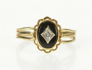 10k Oval Black Onyx Diamond Scalloped Trim Ring Size 6 Yellow Gold 64