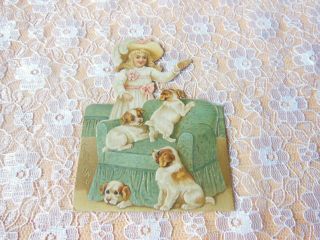 Victorian Christmas Card/cut - Out Girl With Puppy Dogs On A Chair