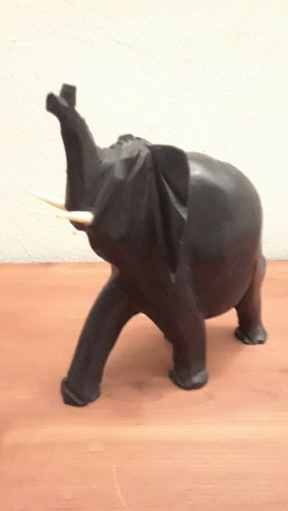 Vintage African Wood Carved Elephant With Trunk Up And White Tusks.  Heavy Ebony