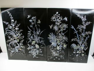 Vtg 4 Pc Set Asian Wall Panels Black Lacquer Mother Of Pearl 4 Seasons 19 1/2 " T