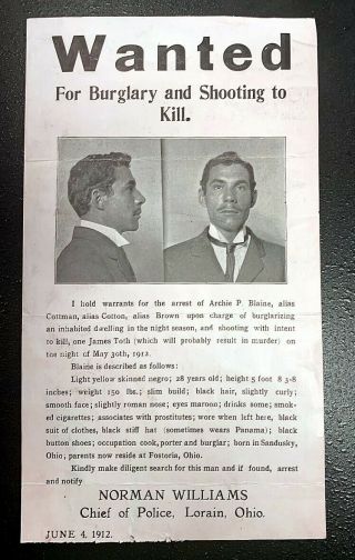 1912 Wanted Poster ✪ Lorain,  Ohio Police 
