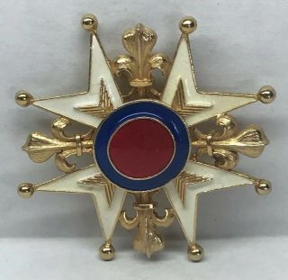 1968 Signed Koh Gold Tone Red White Blue Enamel Maltese Cross Brooch Pendant