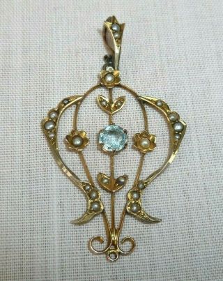 Antique Art Nouveau 9ct Gold Pendant – Seed Pearls & Blue Stone
