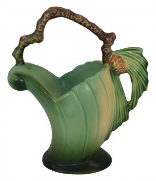 Vintage Roseville Pottery Pine Cone Green Art Deco Basket 408 - 6
