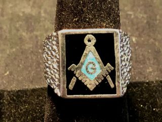 Collectible Silver Tone Mason Masonic Ring Jewelry Size 9 Turquoise? Inlay