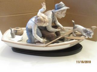 Large Lladro Boat Figurine; " Fishing With Gramps " 5215,  Fishing Rod Missing