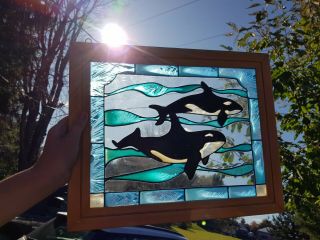 Vintage Stain Glass Window Hanging Art With Vivid Blue Colors