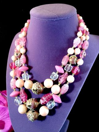 Gorgeous Murano Venetian Rose Pink Art Glass Decorated Bead 3 Strand Necklace