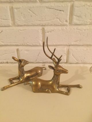 2pc Pair Vintage Solid Brass Deer Doe Buck Figurine Home Decor Christmas Holiday
