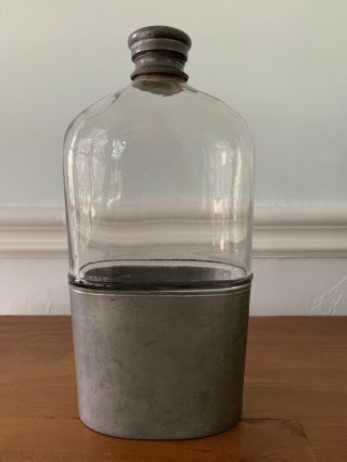 Antique Civil War Era Olry & Co Philadelphia Glass 9” Flask W/ Pewter Cup