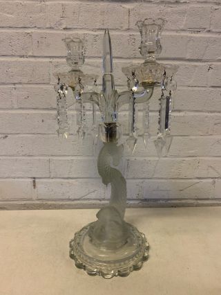 Vintage French Frosted & Clear Glass Dolphin 2 Arm Candelabra Manner Of Baccarat