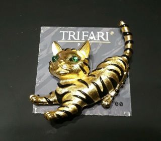 Trifari Ark Series Tiger Cub Cat Brooch Black Enamel Stripe Green Eyes Pin
