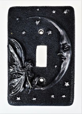 Black Ceramic Light Cover Fairy Sitting On Crescent Of Moon Stars Switch Cover