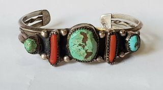 Vintage Native American Fred Harvey Era Turquoise Coral Sterling Silver Bracelet