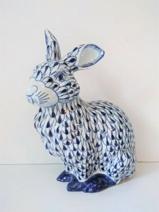 Vintage Ceramic Blue & White Fishnet Rabbit Statue Extra Large Herend Style 15 "