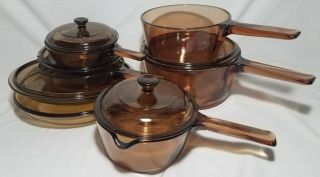 Vtg 11 Pc.  Corning Ware Visions Amber Vision Cookware Set,  Lids Most Lk - Nw J8