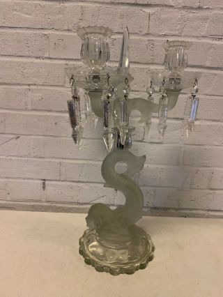 Vintage French Frosted & Clear Glass Mermaid 3 Arm Candelabra Manner Of Baccarat
