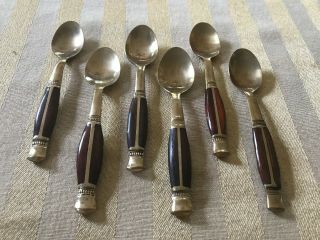 Vintage Set Of 6 Brass With Wooden Handles Small Spoons In Red Holder
