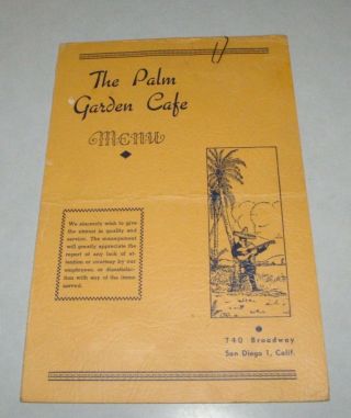 1940s Palm Garden Cafe San Diego California Restaurant Menu Mexican Plays Guitar
