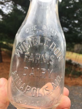 Very Rare Pint Milk Bottle Wimbledon Farm Dairy Annapolis Md Maryland