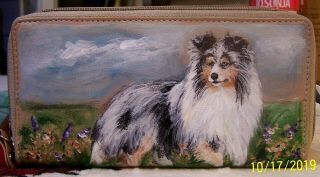 Hand Painted Blue Merle Sheltie Great American Leather Checkbook Wallet