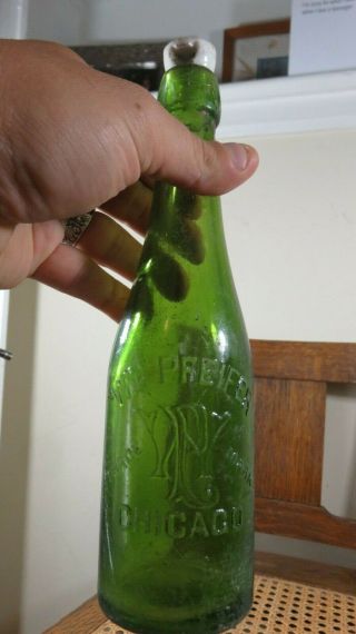 Green Wm Pfeifer Chicago Blob Top Bottle With Ceramic Stopper