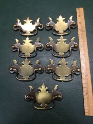 Set Of 7 Vintage Brass Plated Chippendale Style Drawer Pulls Handles