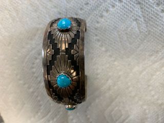 Vintage Navajo Signed E Sterling Turquoise Cuff Bracelet