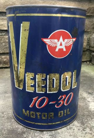 Vtg 1950s Veedol 10w - 30 Motor Oil 5 Quart Oil Can Flying A Tidewater Oil Co