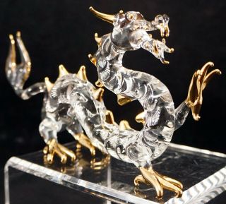 Hand Blown Art Glass Dragon Crystal Clear With Gold Highlights