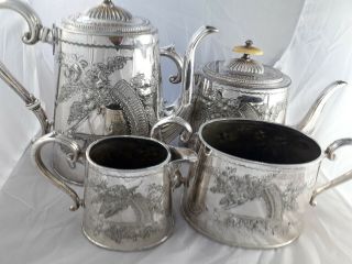 Antique 19thc Lee & Co Silver Plated 4pc Tea Coffee Set Pot Bowl Jug