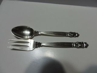 2 - Piece Serving Set Serling Silver Spoon & Fork Georg Jensen Denmark Acorn 44 Gr