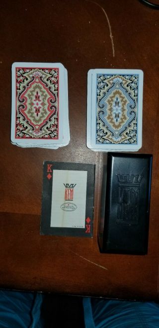 Vintage Kem Plastic Playing Cards In Black Case 2 Decks Art Deco Paisley