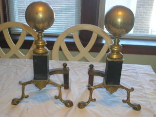 Vtg Brass Cannon Ball Andirons Claw Feet Chippendale Americana Marked 1927