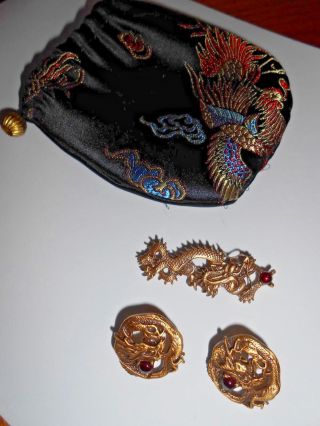 Vintage Designer Unsigned Gold Dragon With Red Stone Pin & Earrings