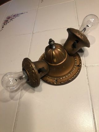 Antique 2 Light Brass Wall Ceiling Light Fixture With Turn Switches Flush