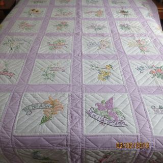 Vintage Hand Quilted & Embroidery State Flowers Quilt 78 " X 98 "