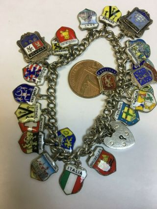 English Vintage Sterling Silver Charm Bracelet With 23 Enamel Shield Charms