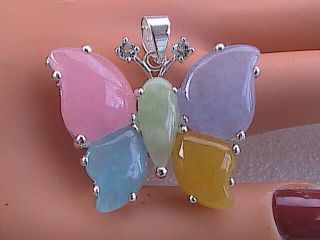 Sterling Silver Multi - Color Jade Butterfly Pendant