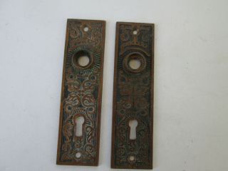 Antique Set Of 2 Matching Ornate Brass Door Knob Back Plates Skeleton Key 4062
