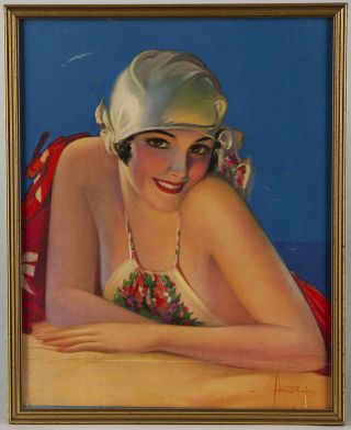 Framed Rolf Armstrong 1937 Pin - Up Print Flapper Girl Is Toast Of The Beach Rare