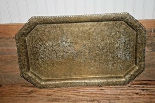 Antique Persian Middle Eastern Islamic Mughal Engraved Large Brass Tray 19th C